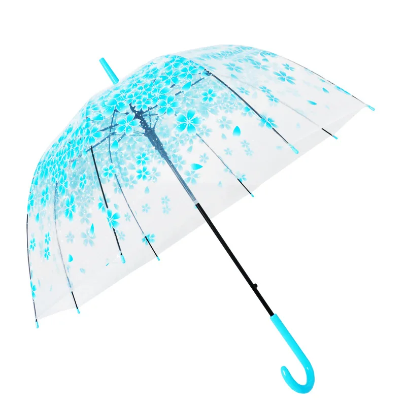 Transparent umbrella printed vfor women, sunny umbrella, straight pole, arched hook