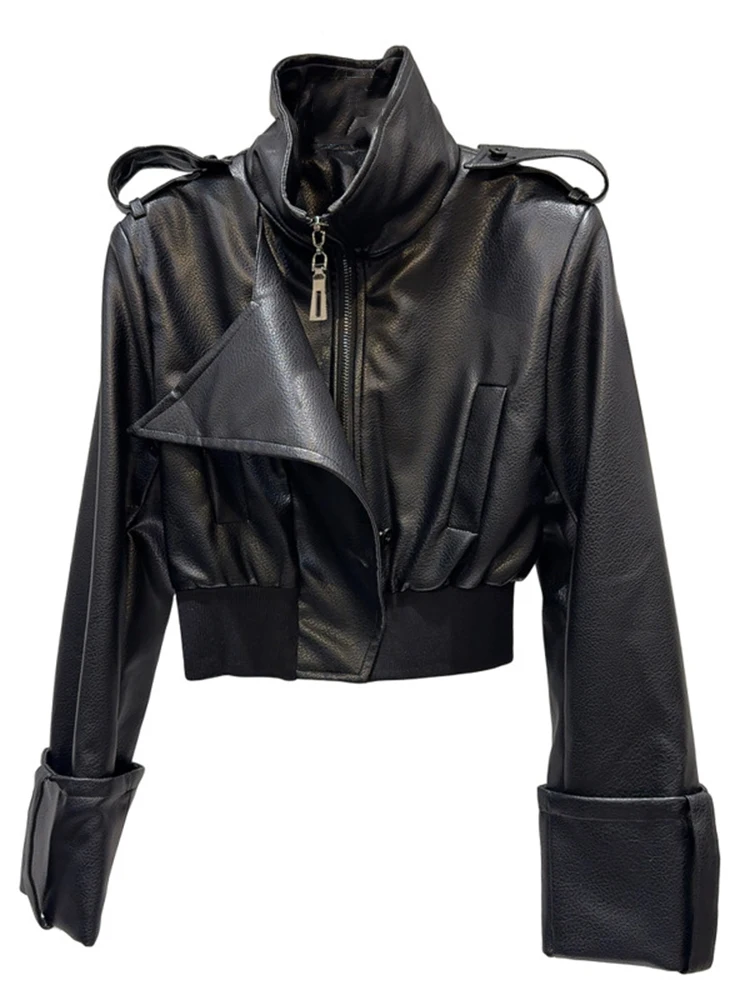 DEAT New Fashion Women\'s Lapel Zipper Leather Motorcycle Short Jacket 2024 Autumn High Street Long Sleeve Coat Female 11A0996