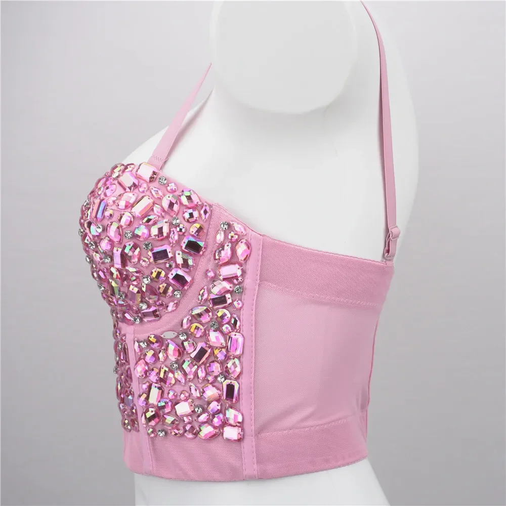 Mermaid Laser Style Pink Acrylic Diamond Bling Bling Corset Bras Push Up Crop Top Punk Bustier Goth Ballroom Costume Stage Party