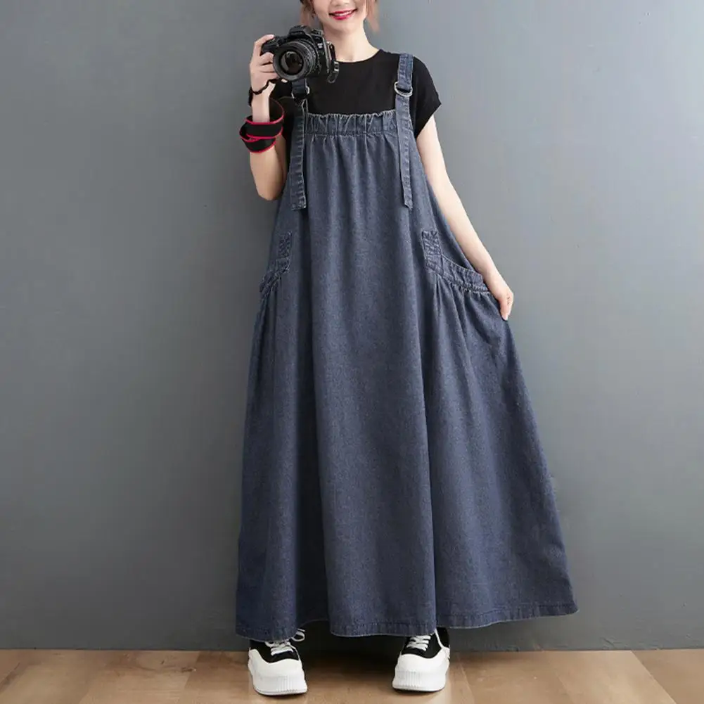 Women's Denim Overall Dress Loose Sleeveless Boho Jean Jumper Dress with Pockets Wide Hem Pinafore Dress with Adjustable Strap