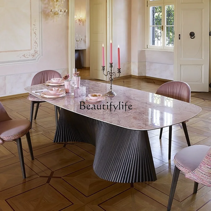 Natural Pink Jade Marble Dining-Table Modern Minimalist Italian Light Luxury Dining Table Stone Dining Table