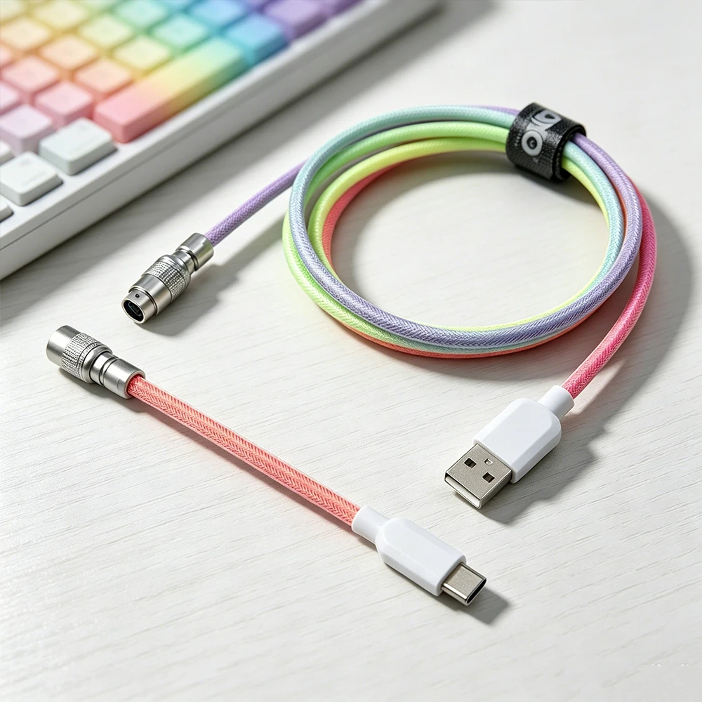 NEW Mechanical Keyboard Coiled Cable USB to Type C Cable YC8 Aviation Connector For Gaming Keyboard | black/Rainbow/White-black