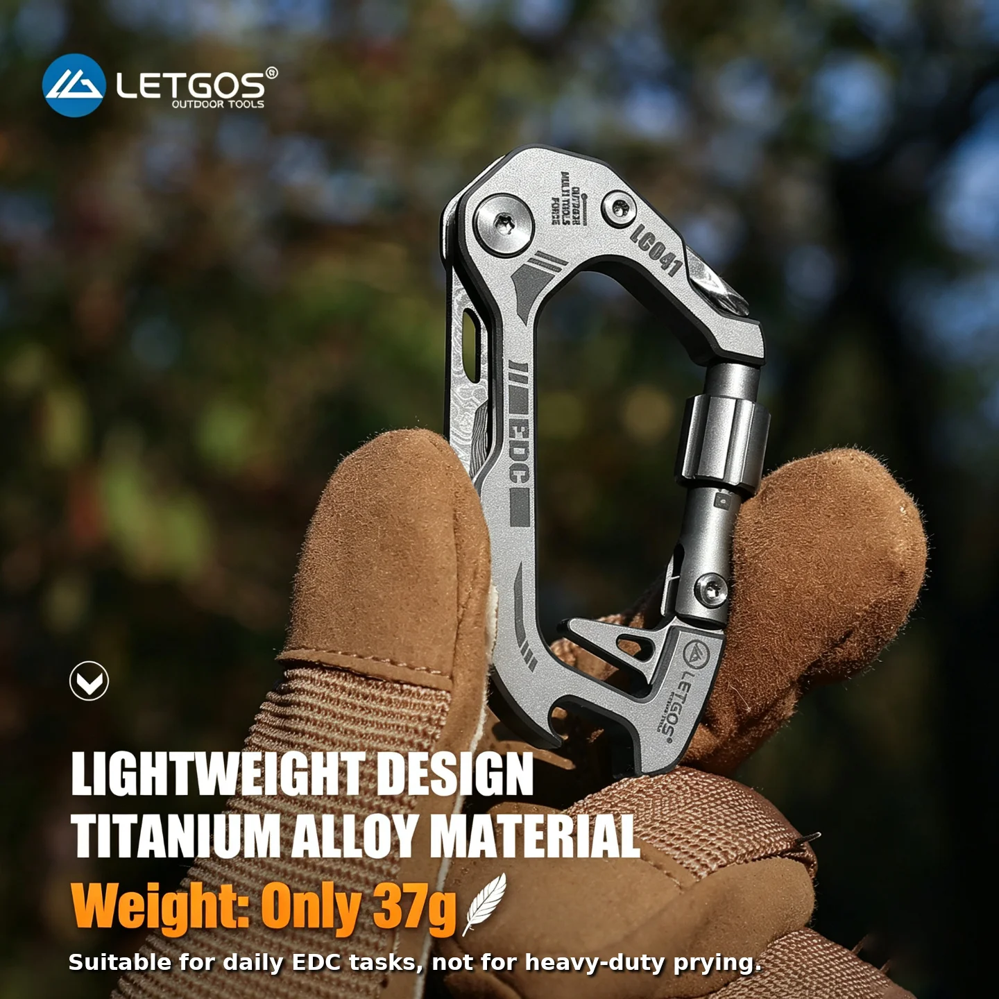 LETGOS Titanium 6-in-1 Multi-Tool Carabiner–EDC Damascus Steel Knife, Bottle Opener, Screwdriver Set, Lockable Keychain Hook