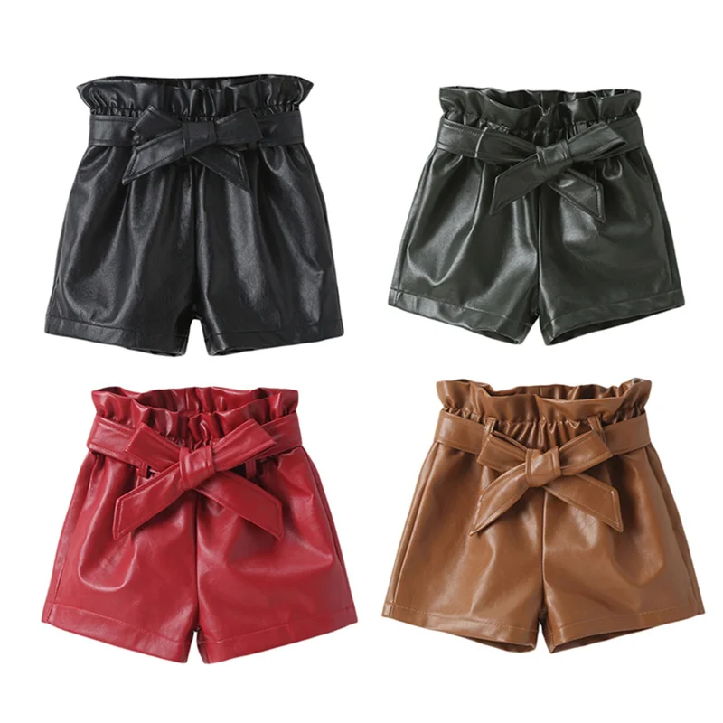 Toddler Girls Leather Shorts, Solid Color Elastic Waist Tie Front Casual Straight Leg Shorts with Belt for Baby, 1-6Years