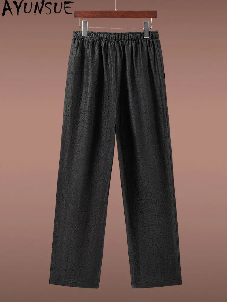 AYUNSUE 100% Real Mulberry Silk Pants Man Crackle Pattern Watered Gauze Straight Trousers Men Clothing Elastic Waist Black Pants