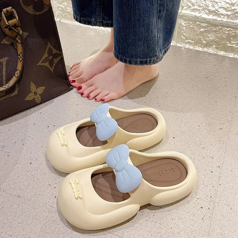 Casual Slippers Women Home Summer Mules Fashion Designer Shoes Girls 2024 Cartoon Bow Cute Platform Slides Flats Indoor Sandals