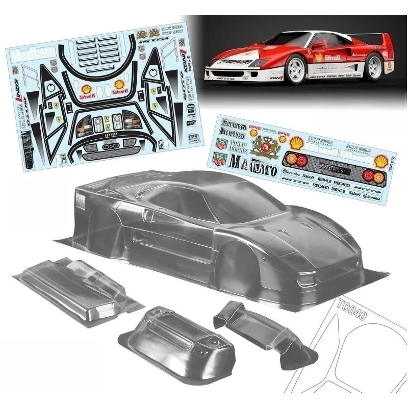 TeamC Bodies 190mm 1/10 F40 On Road Body Clear Lexan Car Shell w/Rear Wing .3D Mirrors, Light Buckle, Light Pod for Rc Drift Car