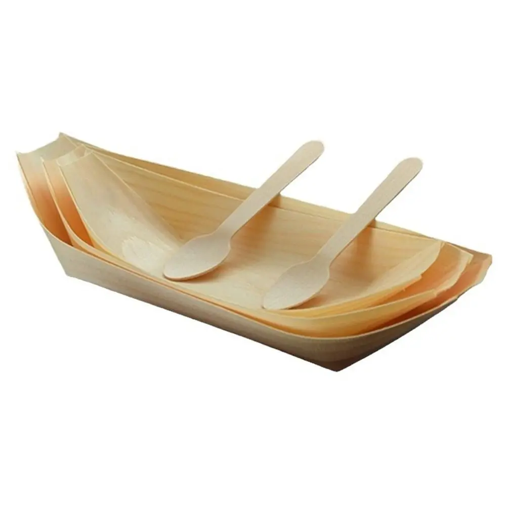 50PCS Multi-size Disposable Wooden Boat-shaped Plate Japanese Dish Boat-shape Tray Sushi Plate Food Serving Wood Bowl