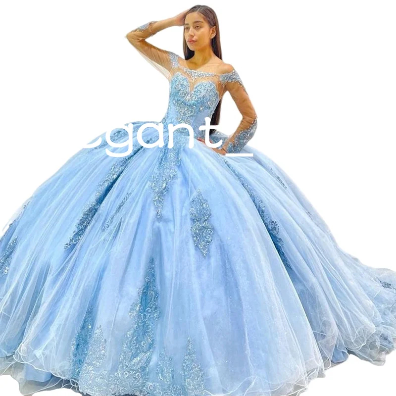 Vestido De quinceañera azul cielo con hombros descubiertos, apliques De cuentas, manga larga, corsé hinchado con cordones, Vestido De Baile De graduación, 15 años