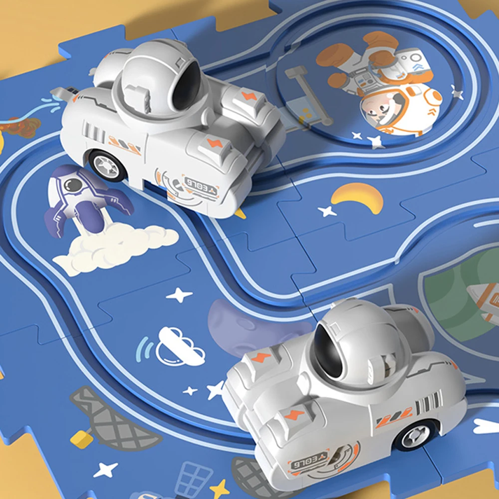 Quebra-cabeça elétrico pista carro diy montagem brinquedos para crianças espaço ferroviário automático cena militar construção brinquedo educativo presente