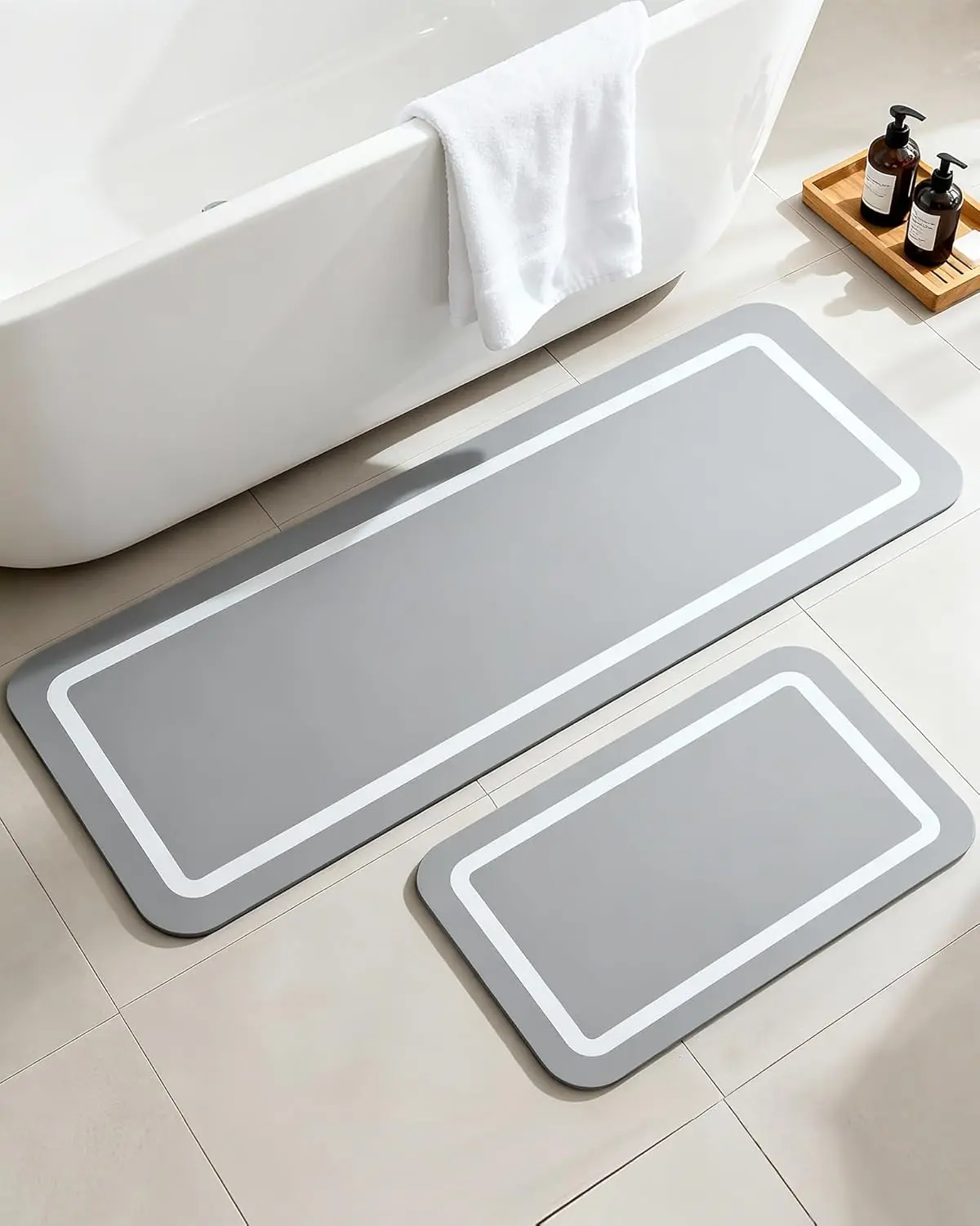 

Soft Diatomaceous Earth Bath Mat Set, Quick Dry Non Slip, Gray Super Absorbent Washable Rugs, 2 Piece Alternative to Stone Mats