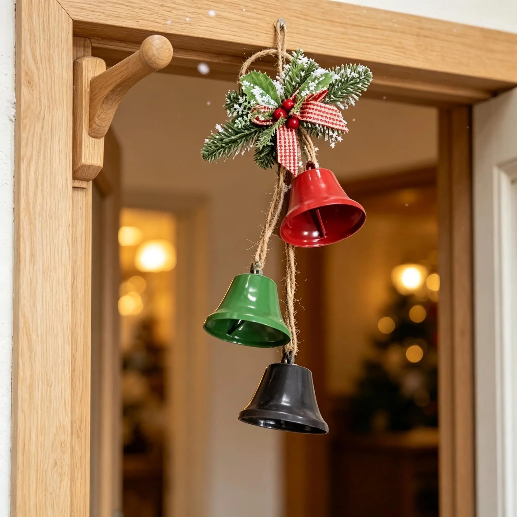 Rustic Farmhouse Christmas Jingle Bell Ornament - Metal Hanging Tree Decor with Red Berries & Snowflake Accents - Holiday Jingle Bell (Red/Green/Black)