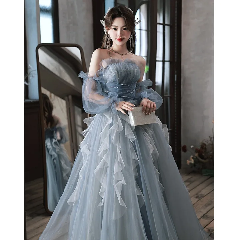 

Blue Strapless Evening Dress Women Long Sleeves Ruffles Bandage Vocal Dresses Exquisite Elegant Modern Quinceanera Gown