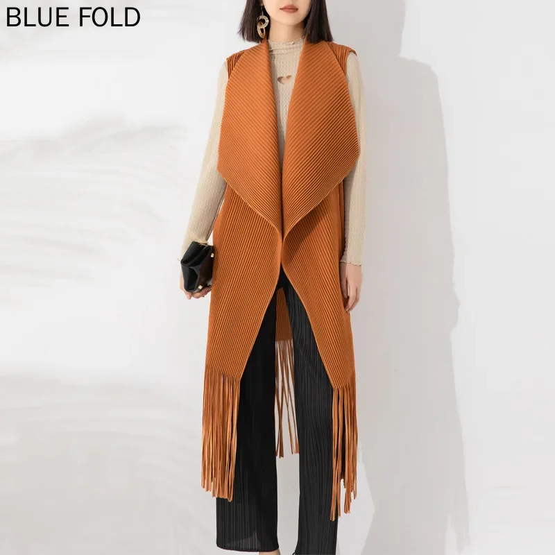 MIYAKE-Women's Pleated Vest, Loose Cardigan, Large Lapel, Fringed, Long Shawl, High-end, Temperament, Autumn, Winter, New