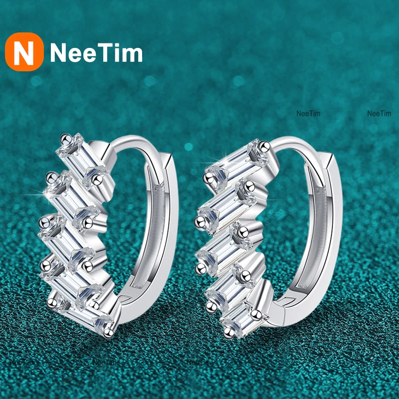 

NeeTim Full Emerald Cut Moissanite Hoops Earrings for Women Wedding Luxury Jewelry Silver 925 With White Gold Plated Earring