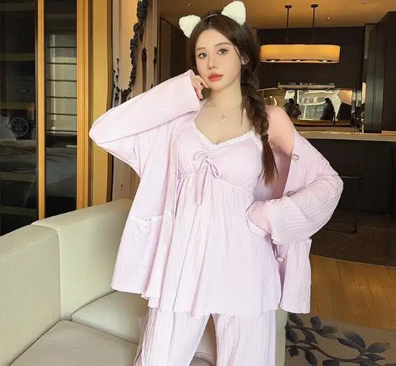 Korean Sexy Pijama Mujer Women\'s Pajamas Set Cotton Comfortable 3 Pieces Sleepwear Chest Pad Home Clothes Winter Pyjamas Femme