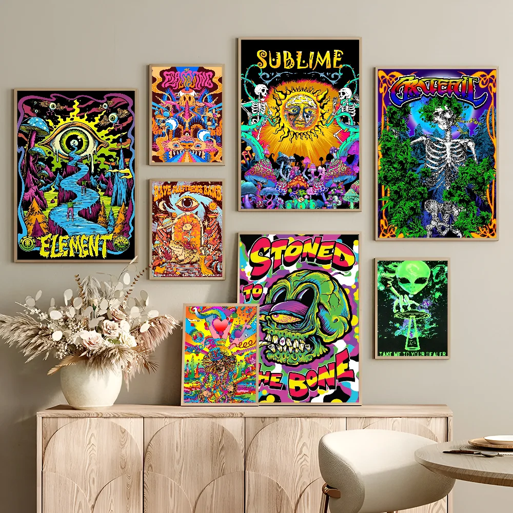 Trippy Skeleton Abstract Psychedelic Mushroom Movie Sticky Posters Whitepaper Sticker DIY Room Bar Cafe Posters Wall Stickers