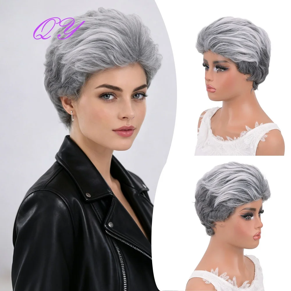 

Short Layered Straight Salt Pepper Grey Pixie Wig Synthetic Heat Resistant Silver Gray Full Wig For Mature Women Daily Party