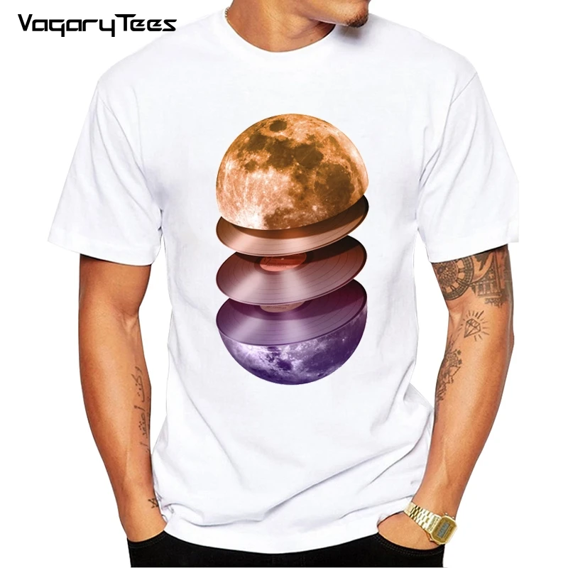 Fashion Retro Record Printed Men T shirt Short Sleeve Casual t-shirt Hipster Music Of The Moon Pattern tees Cool Tops