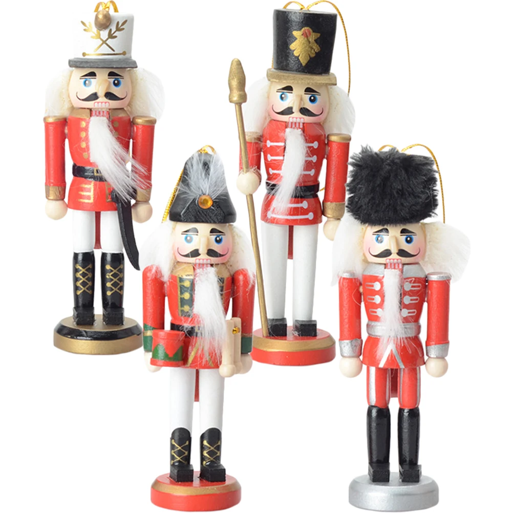 

4pcs Hanging Xmas Nutcracker Soldier Desktop Christmas Wooden Puppet Decor Ornament Tree Pendant Festival Party Supplies Wood