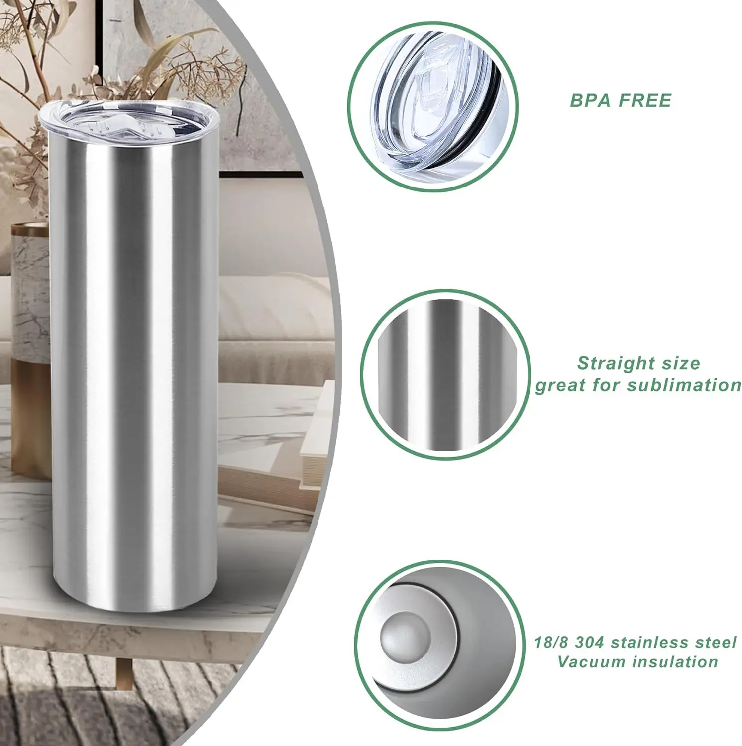 

25pack 20oz sublimation straight tumbler bluk double wall stainless steel vacuum cup with metal straw and silding lid（silver）
