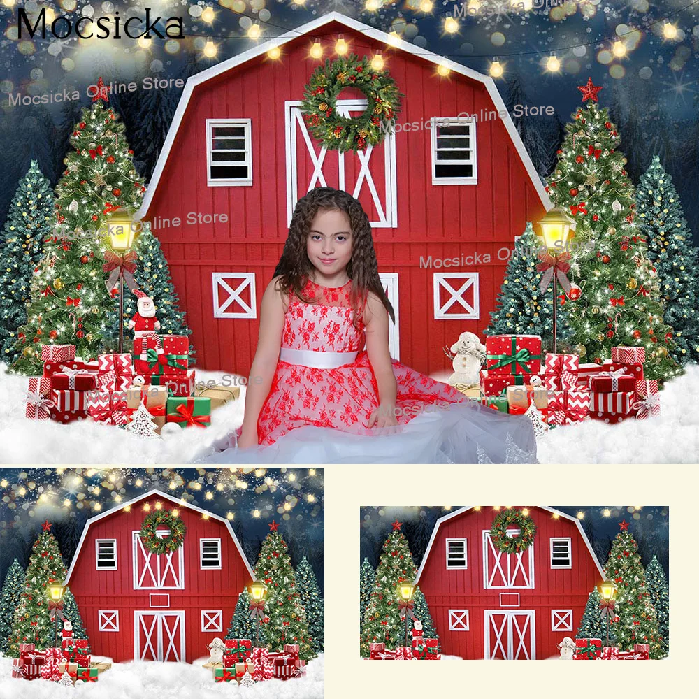 

Christmas Red Barn Baby Birthday Backdrop Pine Forest Xmas Tree Gifts Background Wreath Snow Street Glitter Winter Photography