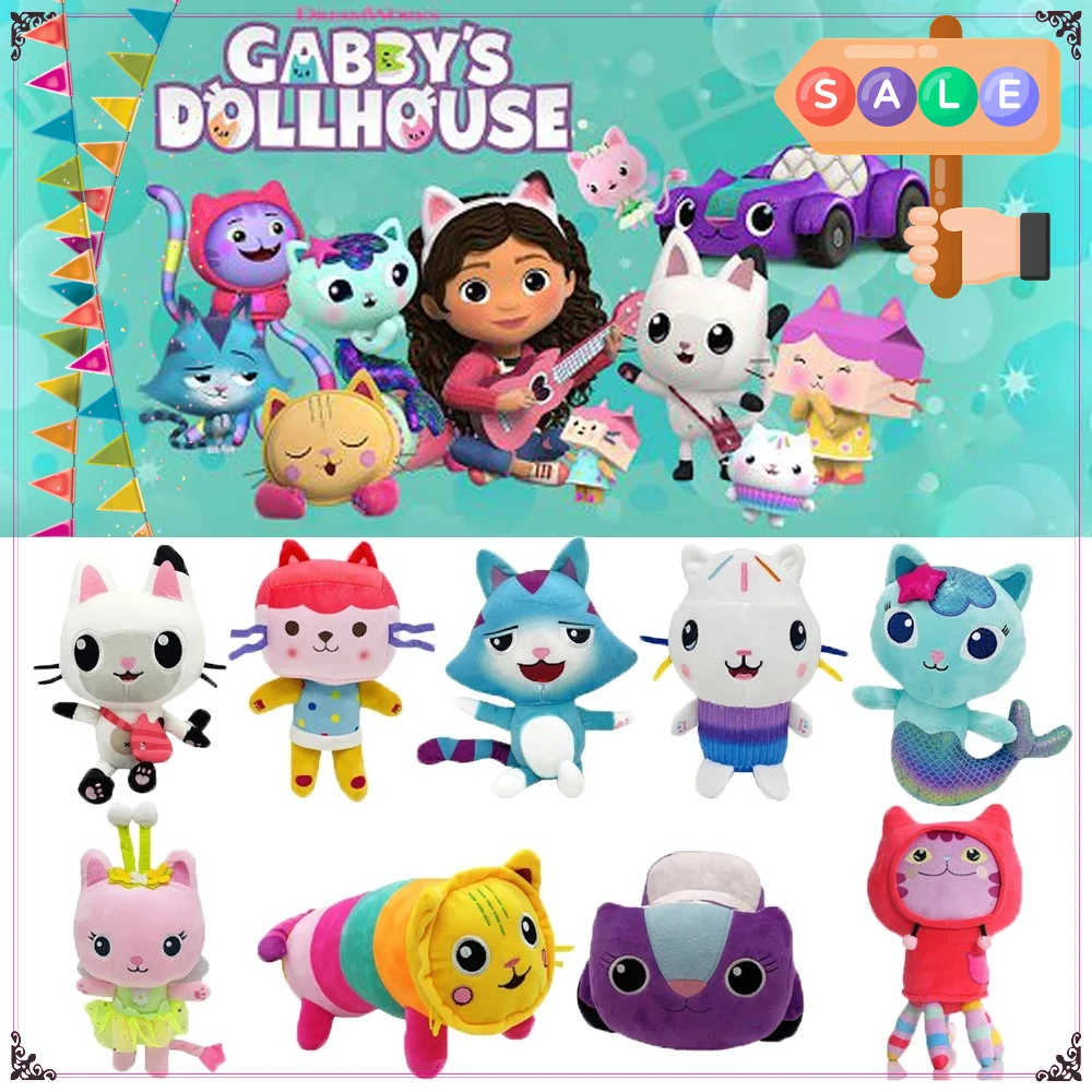 Regalo encantador casa de muñecas Gabby juguete de peluche Mercat dibujos animados animales de peluche gato sonriente coche abrazo de gato muñeca de niña Gaby pegatina de cumpleaños para niños