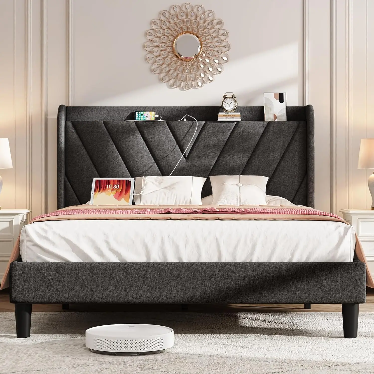 Adjustable cushioned platform bed frame with Type-C and USB ports, storage headboard, no need for box springs, dark gray