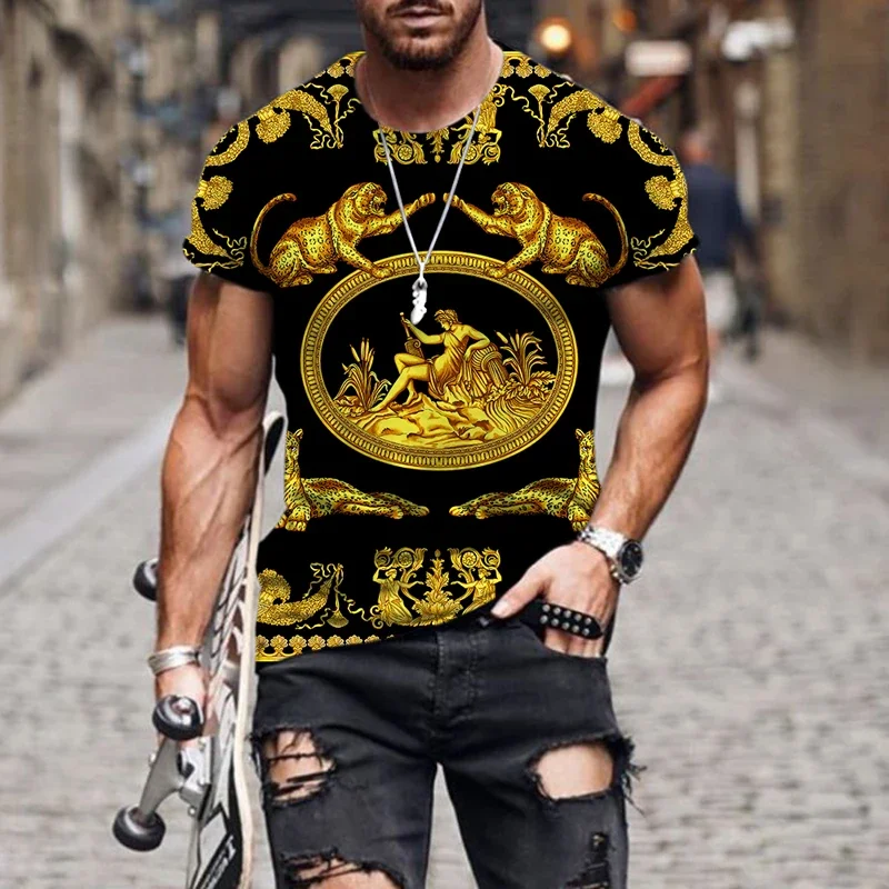 Luxury Baroque style 3D printed T-shirt for men and women, high-quality polyester round neck loose fitting short sleeved T-shirt