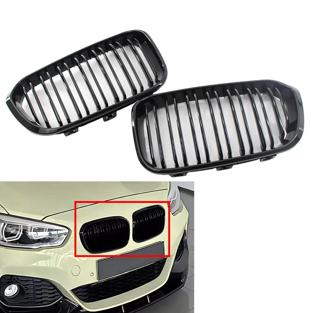 2Pcs Car Upper Grill Dual Slat Front Bumper Kidney Grille Glossy Black For BMW 1-Series F20 2015 2016 2017 2018 2019