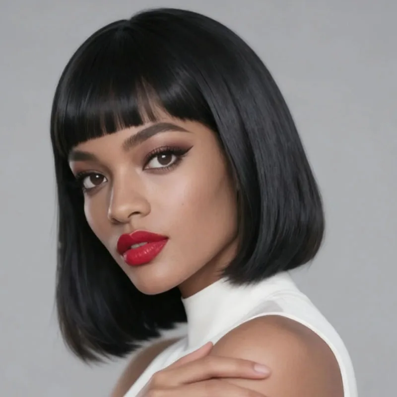 شعر مستعار صناعي أسود مقاس 12 بوصة مع غرة، مناسب للعب الأدوار على الطراز الأساسي للهالوين