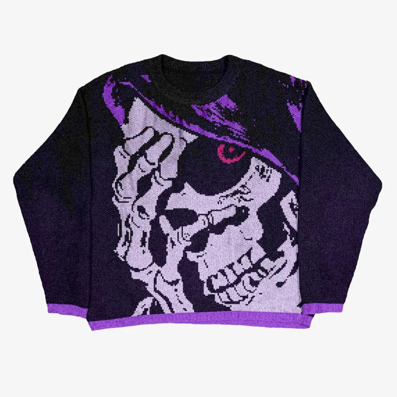 Hip Hop Oversized Knitted Sweaters Streetwear Harajuku Pullover Gothic Anime Skull Skeleton Pattern Knitwear Halloween Costume