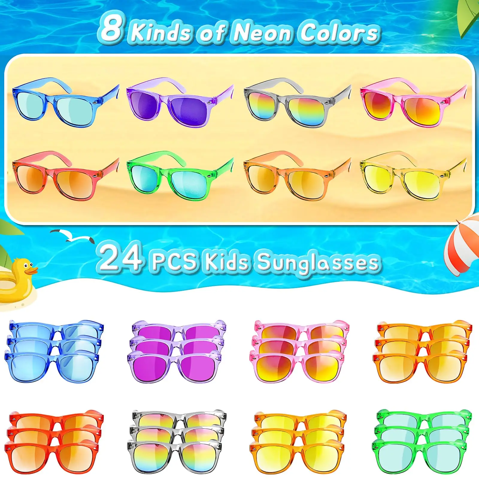 Lunettes de soleil néon pour enfants avec protection UV400, cadeau de fête d'anniversaire pour garçon et fille, 24 pièces