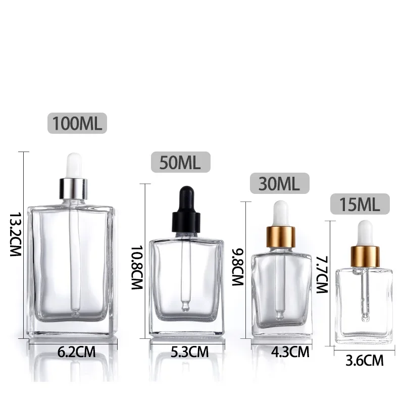 10X 15ml 30ml 50ml 100m Flat Frosted Matte Clear Black Glass Essential Oils Serum Bottle With Glass Dropper Eye dripper Pipette