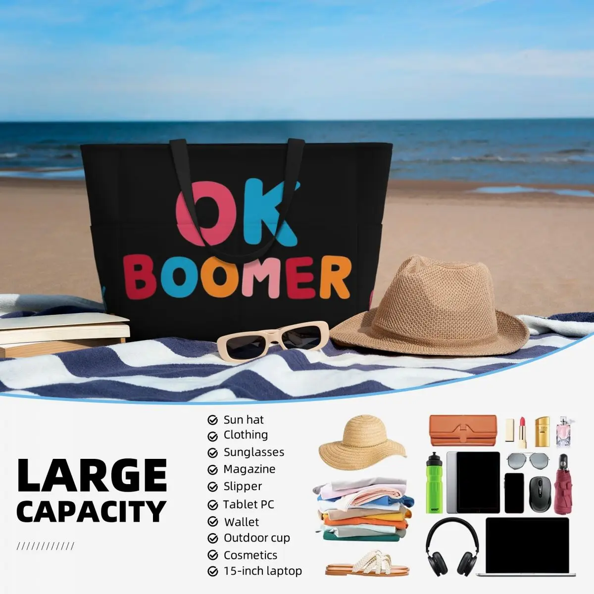 Ok Boomer Beach Travel Bag, Tote Bag Trendy Large Capacity Daily Shoulder Bag Multi-Style Pattern