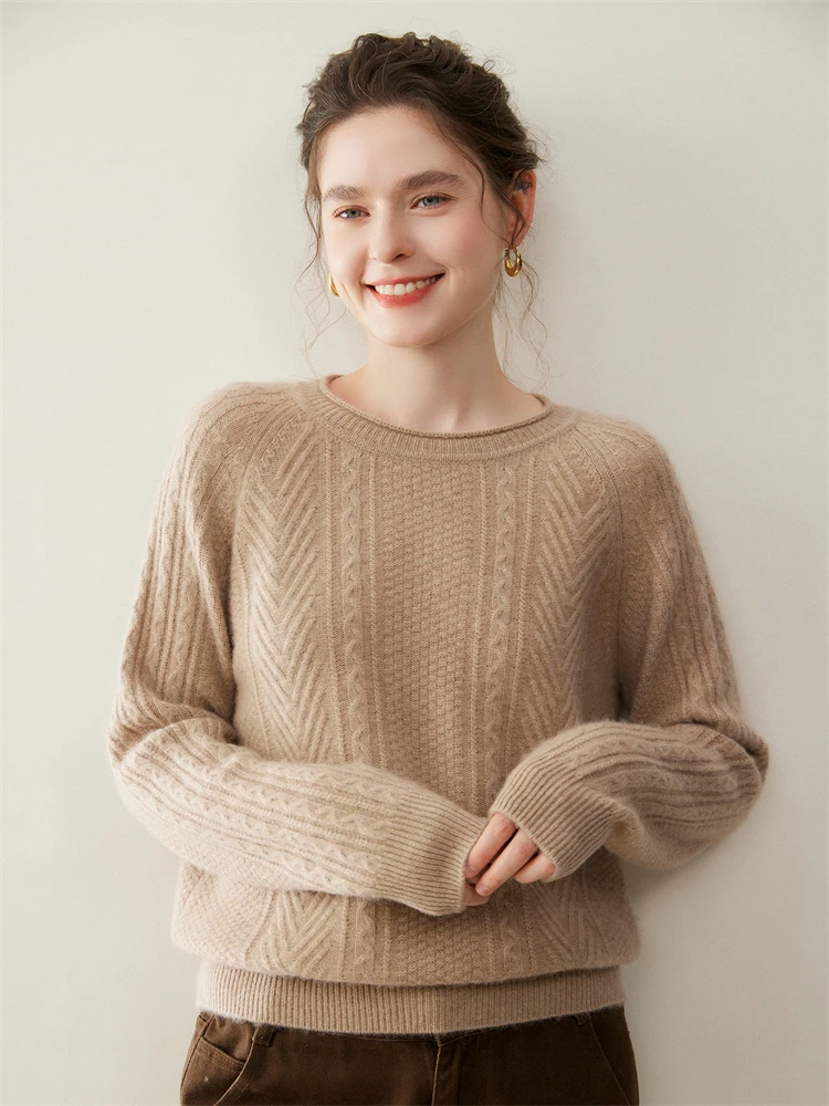 Jersey con cuello redondo y punto de Cable para mujer, suéter de punto de Cachemira de 100% grueso, cálido y suave, ropa elegante, Otoño e Invierno