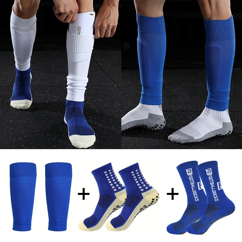 Juego de 3 pares de calcetines y rodilleras de fútbol para hombre, mangas hasta la pantorrilla, espinilleras antideslizantes para adultos y jóvenes para deportes de baloncesto y fútbol