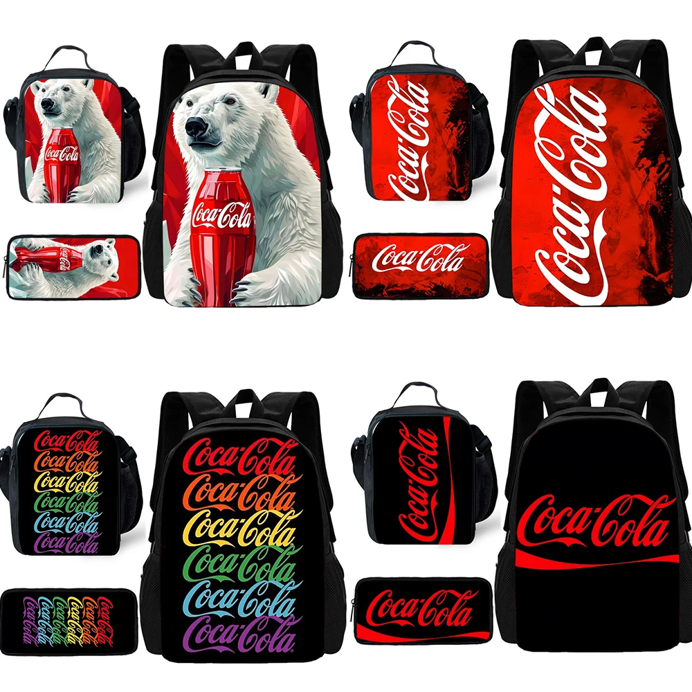 3 pcs set Fashion C-Coca-C-Colas Child School Backpack with Lunch Bags ,Pencil Bags ,School Bags for Boys Girls Best Gift