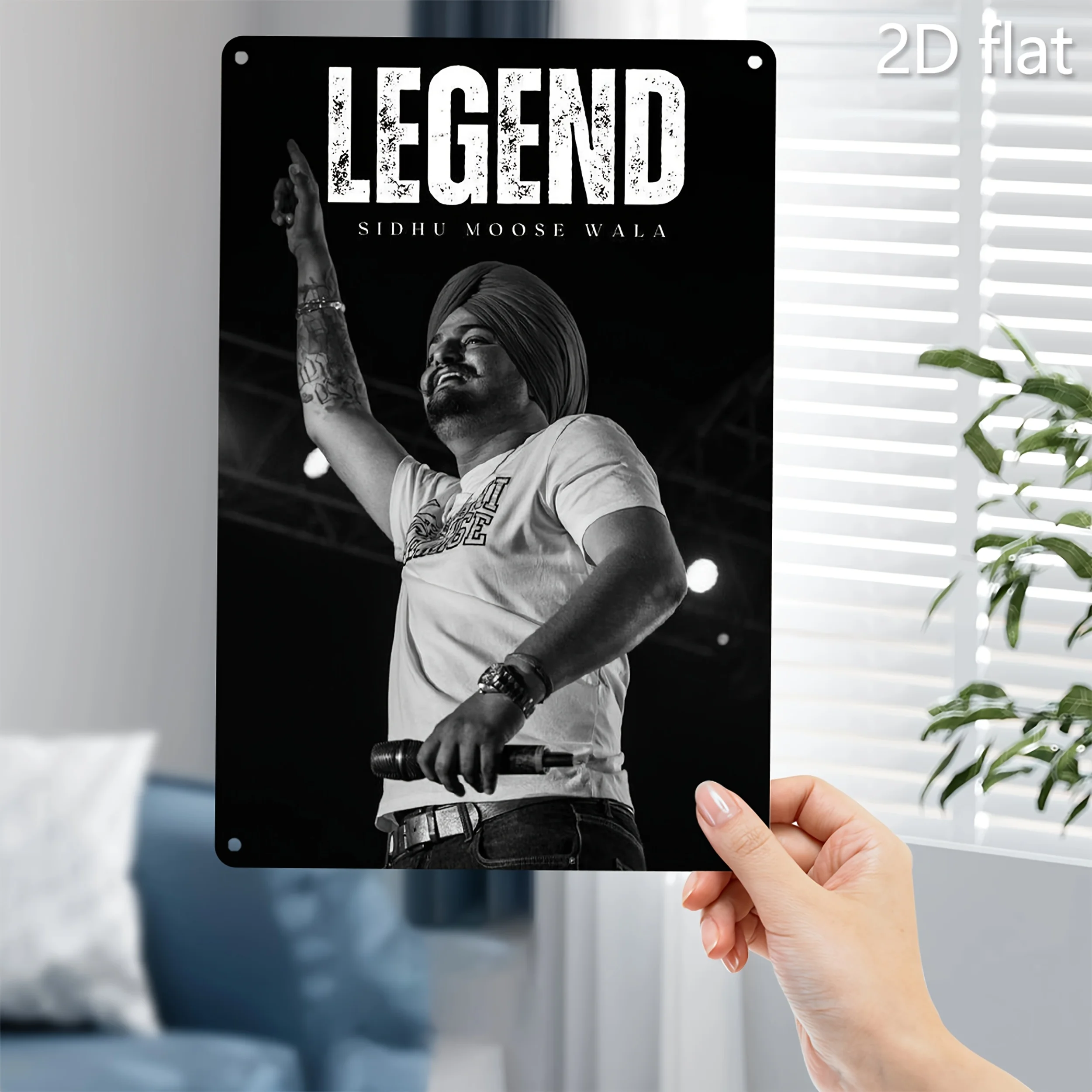 Sidhu Moose Wala Metal Wall Art - Passionate Rapper Poster with Microphone, Pre-Drilled Holes, Weather-Resistant Iron Sign fo