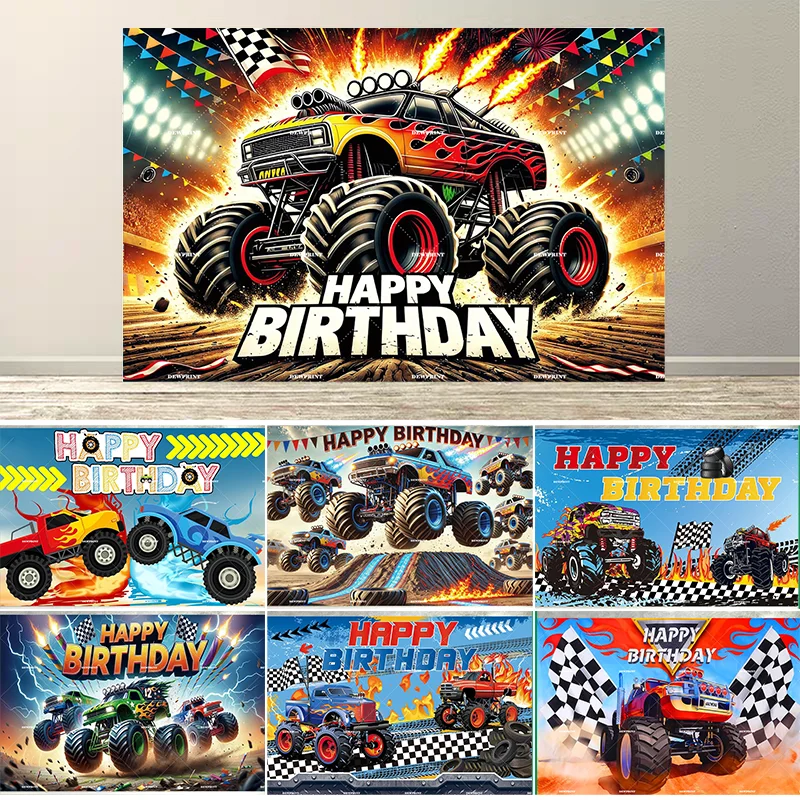 Cartoon Monster Truck Hintergrund LKW-Themen-Party-Dekorationen Monster Auto Geburtstagsparty-Zubehör Fotostudio-Requisiten