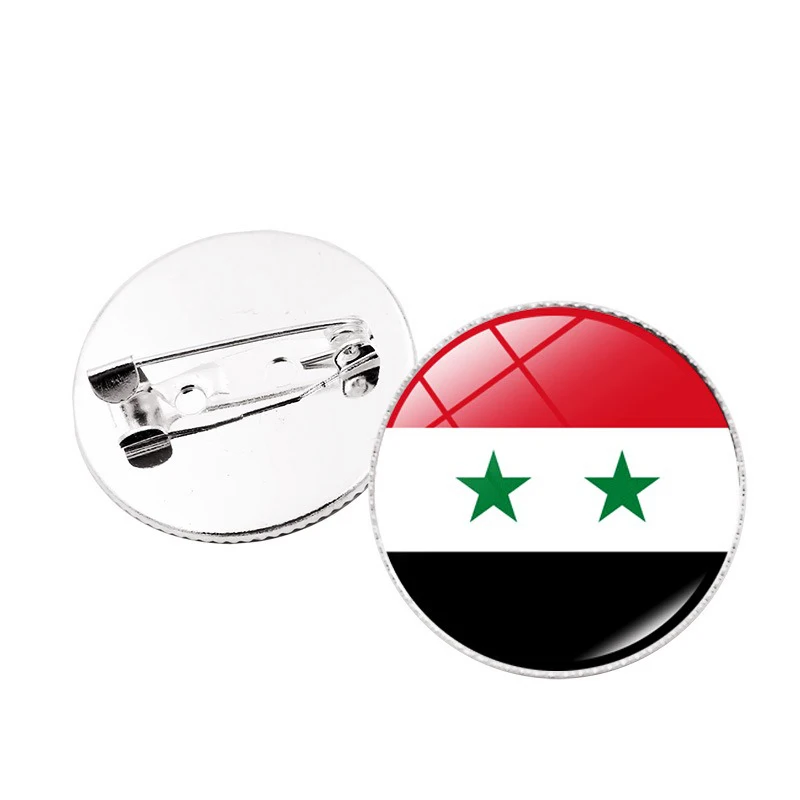 NEW Syria Countries Flag Time Gemstone Crystal Brooch Round Vintage Metal Badges For Men Woman 2025