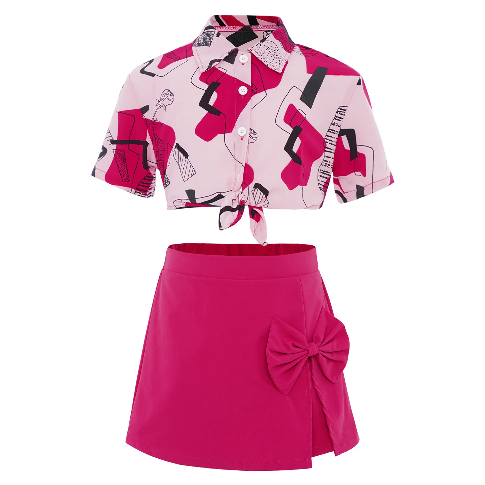 

Kids Girls 2-Piece Fashion Outfit Summer Short Sleeves Cropped Shirt with Bowknot Culotte for Holiday Picnic Travel Vacation