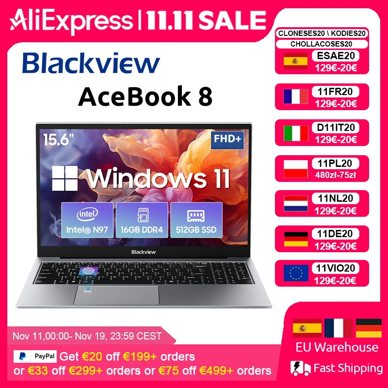 Blackview-Ordinateur portable AcePle8, 15.6 pouces, 12e génération, Intel Alder Lake N97, 16 Go de RAM, 512 Go de SSD + extension jusqu'à 1 To, Windows 11 Home 15.6 Blackview-Ordinateur portable AcePle8, 15.6 pouces, 12e génération, Intel Alder Lake N97, 16 Go de RAM, 512 Go de SSD + extension jusqu'à 1 To, Windows 11 Home 15.6