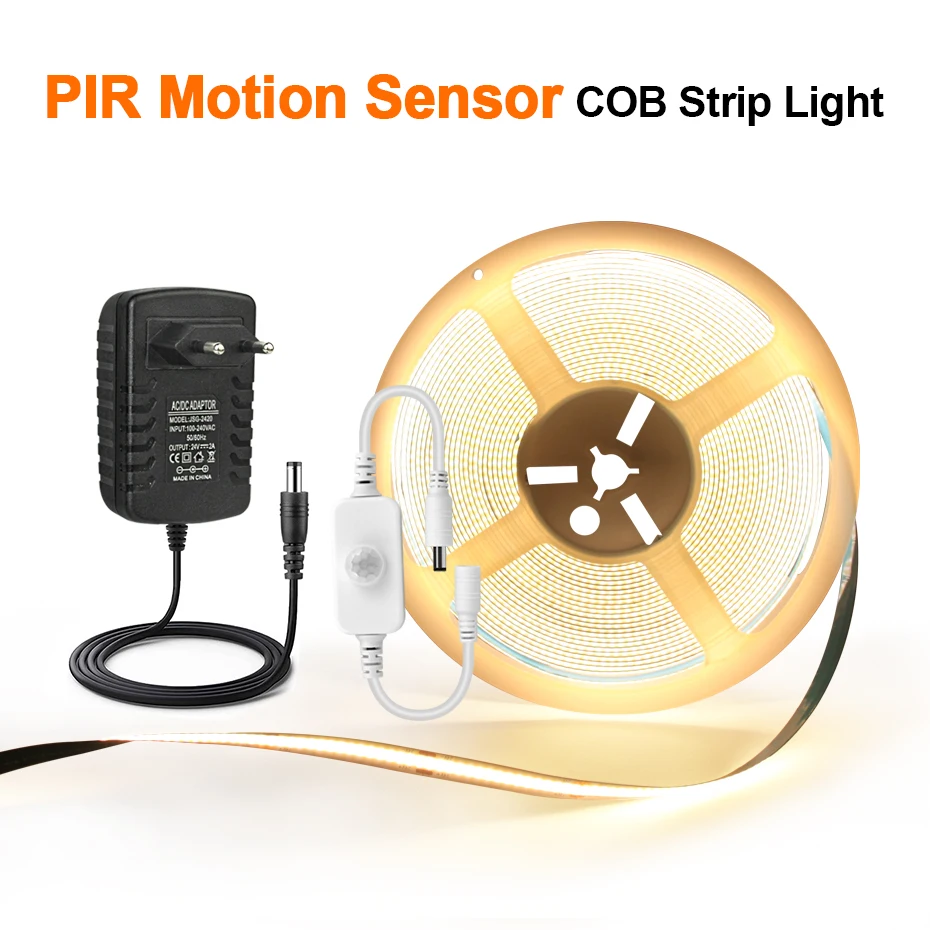 

PIR Motion Sensor COB LED Strip Light DC 24V Adhesive Tape Led Cabinet Lamp Auto ON/OFF Flexible Ribbon Closet Kitchen Lighting