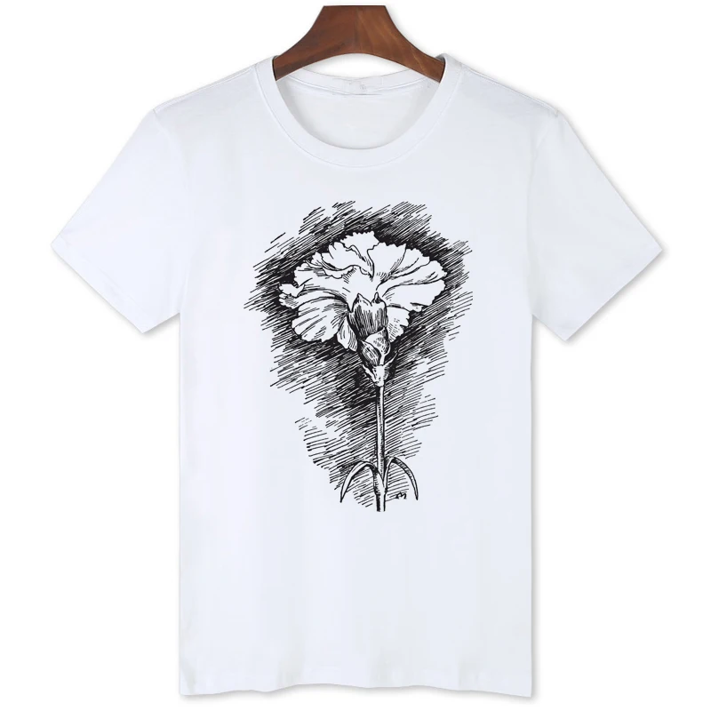 Sketch Carnation T-shirt Summer Short Sleeve Casual Clothing Men Brand Tshirt Trendy Tops Tees B003