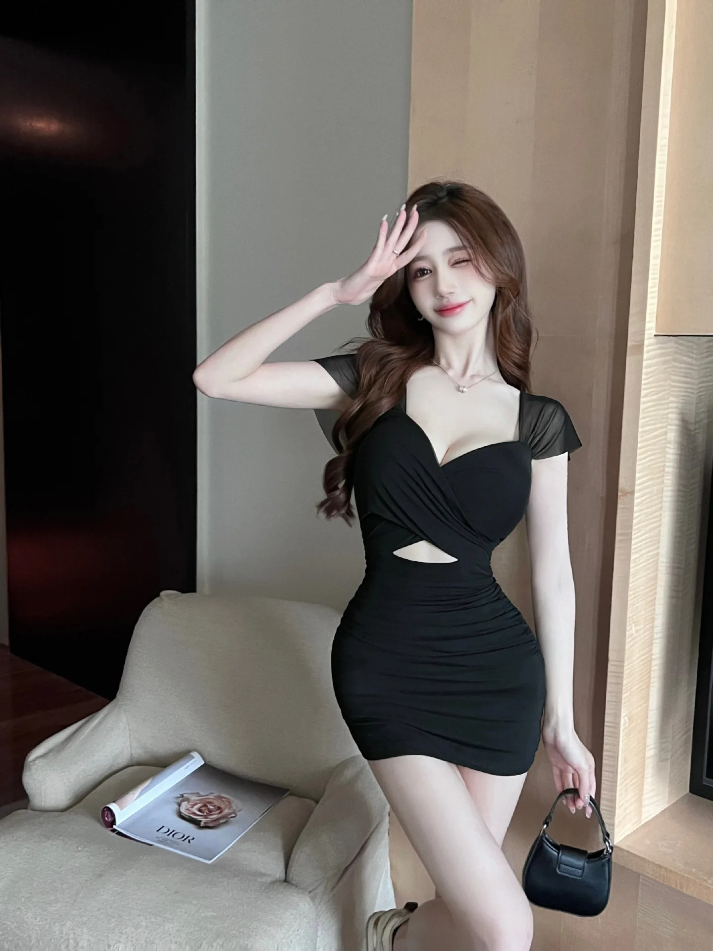 2469 Womens Southeast Asian sexy mesh hollow short-sleeved pleated hip-hugging bottoming dress