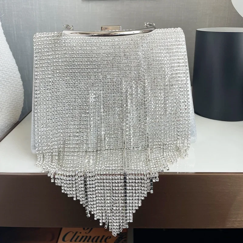 Blingbling Silver Evening Bag Women's Celebrity Diamond Tassel Handbag Nightclubs Parties Queen Luxury Handbag with Top-handle