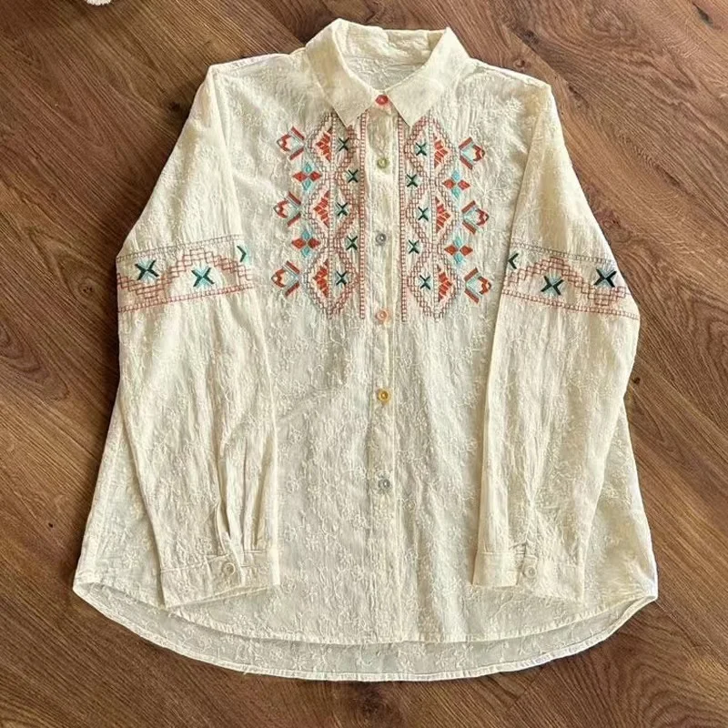 Ethnic Embroider Shirts and Blouses for Women Autumn Bohemian Cotton Long Sleeve Shirt Blouse White Beige Boho Clothing