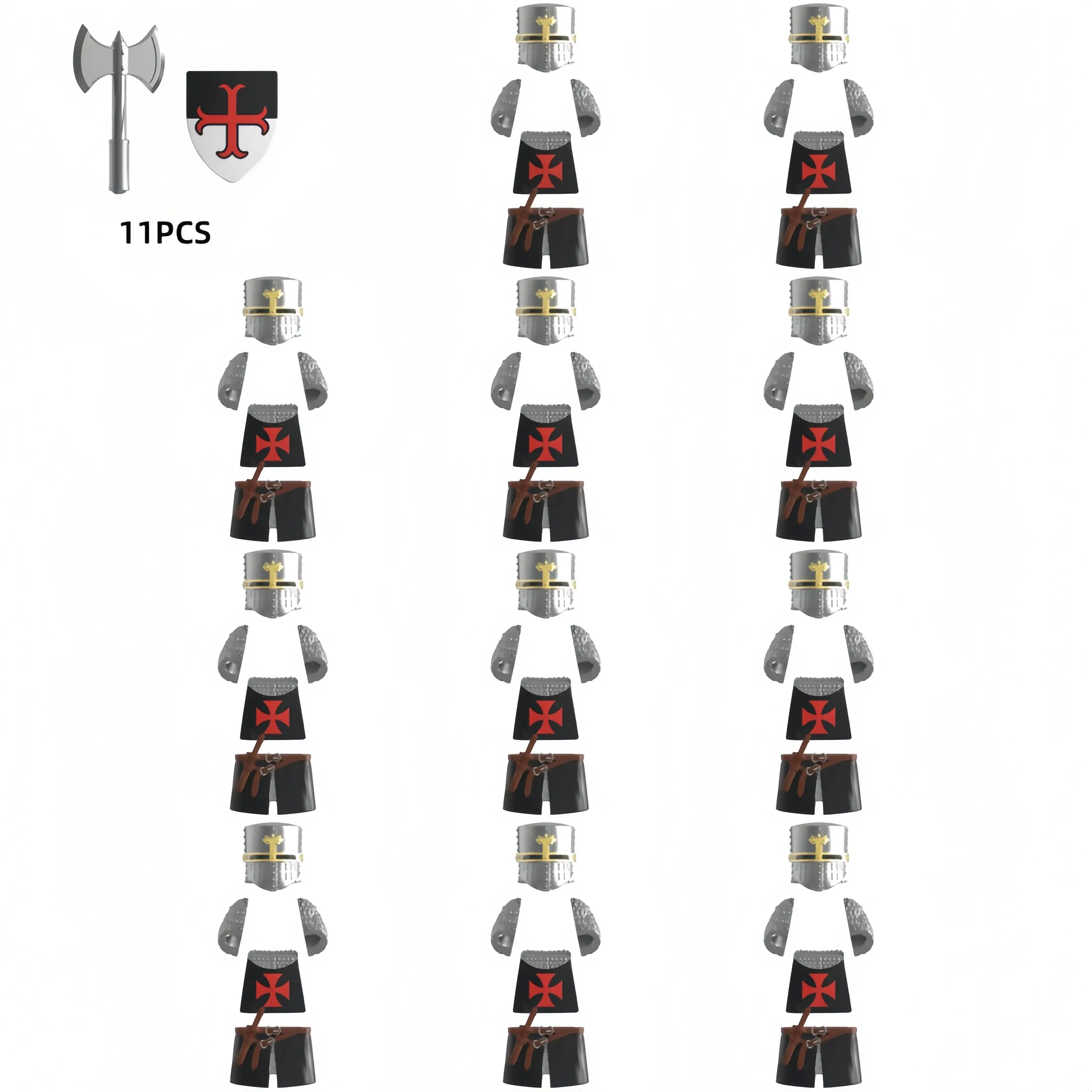 11pcs Ancient Crusader Knight Building Brick Figure, Complete Armor & Pack, Crossbow Shield Sword Included, DIY MOC Model Toy