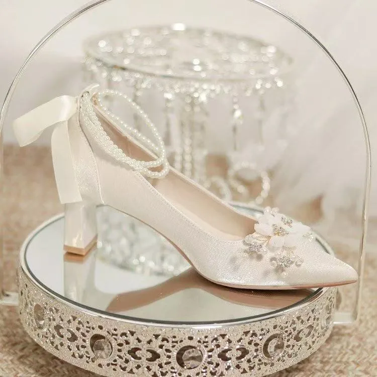 French-style Wedding Shoes, Bridal Shoes, Main Wedding Dress Shoes, Thick-heeled High Heels, White, Comfortable and Not Tiring view 5